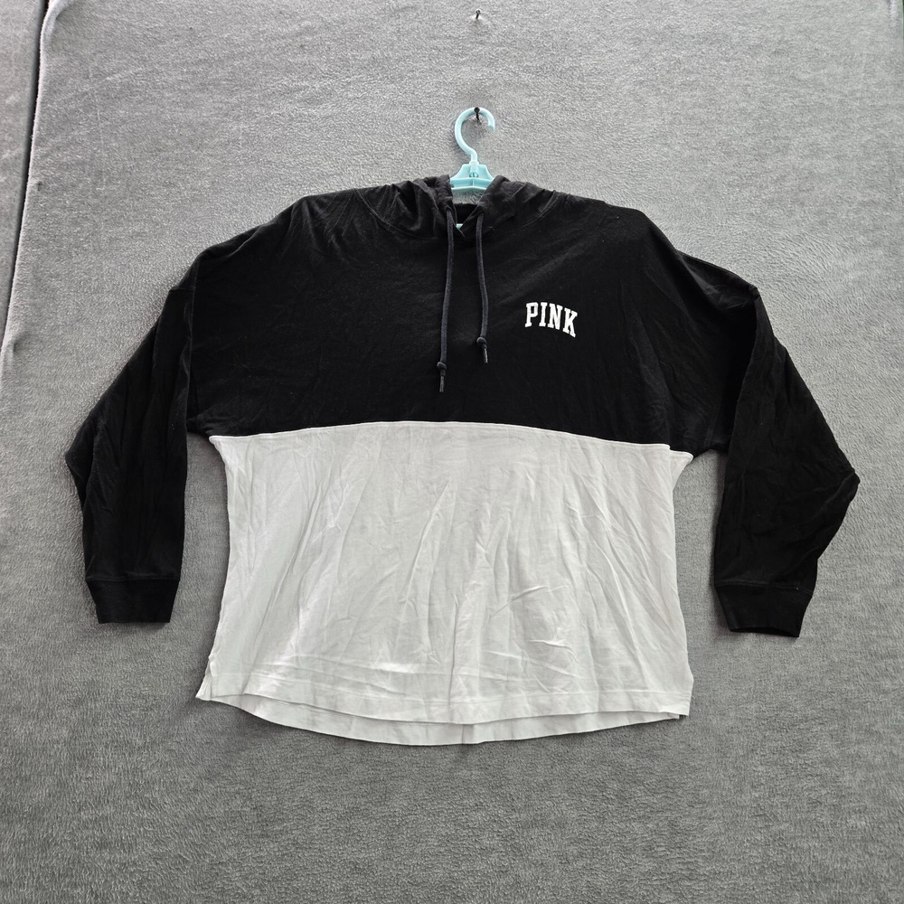 PINK Victoria's Secret Women Sweatshirt L Black Colorblock Hoodie Silver Logo